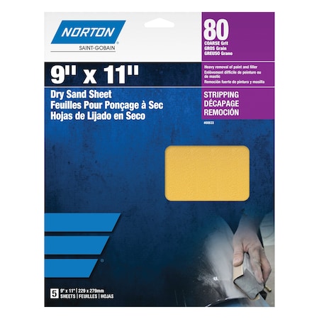 Norton Abrasives 9 x 11 In. Paper Sheet H290 Aluminum Oxide P80 Grit, 5PK 7660700633